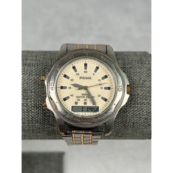 Pulsar Other - VTG Pulsar Watch Mens 42mm Two Tone Analog Digital V041-9250 Quartz New Battery